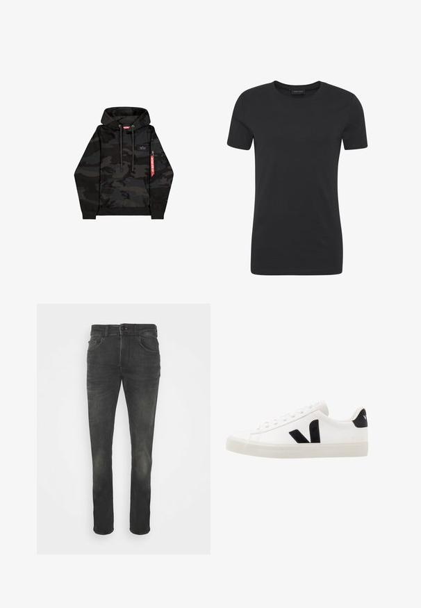 Schwarzer und dunkelgrauer Tarn-Hoodie mit Fronttasche, verstellbaren Kordeln und rotem Reißverschlussanhänger am linken Ärmel.; Schwarzes T-Shirt mit kurzen Ärmeln und Rundhalsausschnitt, schlichtem Design und lässiger Passform.; Schwarze Denim-Jeans im Slim-Fit, mit einem Fünf-Taschen-Design, sichtbaren Nähten und einem dezenten, verblassten Muster. Mit Knopfverschluss und Gürtelschlaufen.; Weiße Leder-Sneaker mit schwarzen Wildlederelementen; verfügen über eine Gummisohle, eine runde Spitze und ein klassisches Schnürdesign. Seitliches Logo in Schwarz.