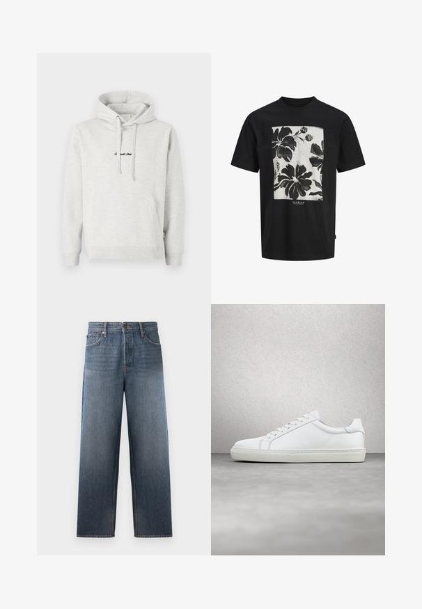 Lysegrå hættejakke med kengurulomme, snoretræk i hætten og broderet tekst i sort på fronten. Stoffet er en bomuldsblanding, ribbede manchetter.; Sort T-shirt med korte ærmer med et stort rektangulært hvidt panel med dristige sorte blomsterprint centreret på brystet.; Denimjeans i middelblå med lige ben design, der har fem lommer, knap- og lynlåslukning samt subtile falmeeffekter.; Hvide sneakers med en glat læderoverdel og lav profil. Har en rund tå, seks snørehuller og en tekstureret gummisål.