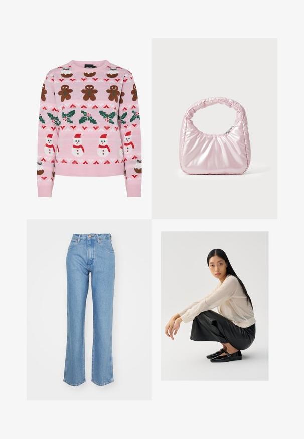 Pieces Christmas PCJOLLY XMAS - Pullover - prism pink; Jeans en denim bleu clair avec une taille haute, jambes larges et ourlet effiloché. Présente un design traditionnel à cinq poches et une fermeture à bouton en métal.; Pull léger beige clair en maille transparente avec des manches bouffantes, associé à un pantalon large en cuir noir et des chaussures noires brillantes avec un détail de sangle.; Sac à main rose rembourré avec un design arrondi, fabriqué à partir d'un matériau brillant. Dispose d'une poignée froncée et d'une fermeture éclair pour un accès sécurisé.