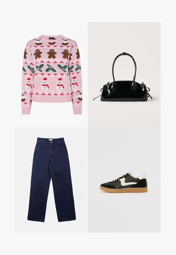 Pieces Christmas PCJOLLY XMAS - Trui - prism pink; Donkerblauwe denim broek met een recht been ontwerp, voorzien van een knoopsluiting aan de voorkant, riemlussen en twee voorkokers.; Zwarte suède en leren sneaker met een crèmekleurige zij-swoosh en lichte crèmekleurige hiel. Voorzien van beige veters en een gumrubberen zool.; Kleine zwarte glanzende handtas met twee lange hengsels en zijkant trekkoord details op een effen lichte achtergrond.