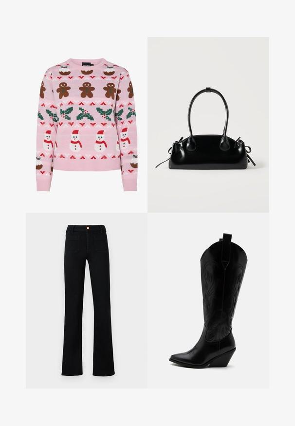 Pieces Christmas PCJOLLY XMAS - Pullover - prism pink; Jean droit noir taille haute avec poches avant plaquées et fermeture à bouton en cuivre sur un fond neutre.; Botte de cowboy en cuir noir avec bout pointu, talon bloc incliné, couture décorative et languettes en haut sur fond blanc.; Petit sac à main noir brillant avec deux longues anses et des détails à cordon sur les côtés sur un fond clair uni.