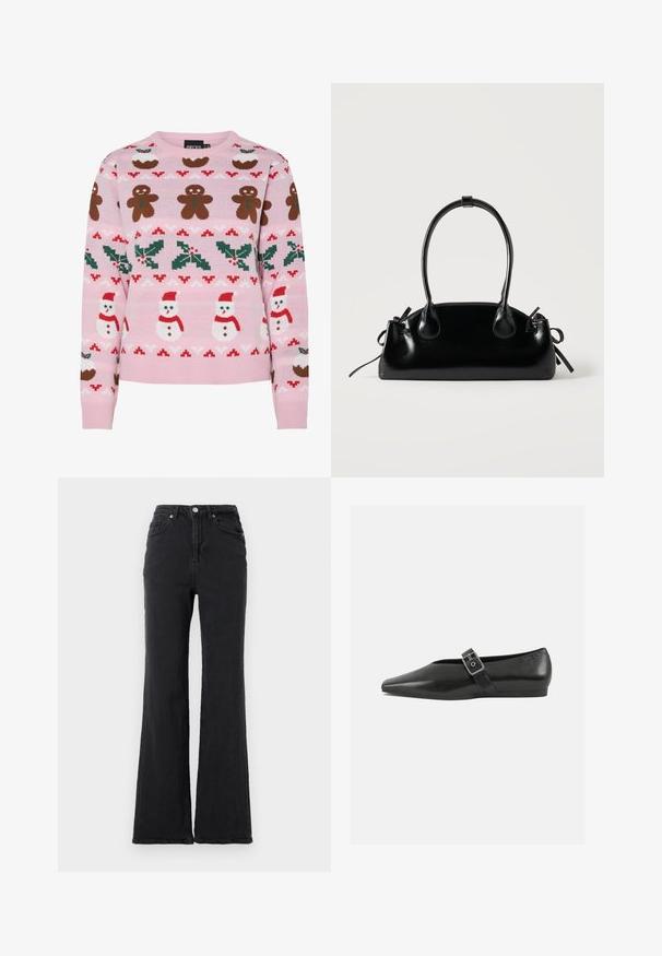 Pieces Christmas PCJOLLY XMAS - Pullover - prism pink; Jeans en denim noirs taille haute avec jambes évasées, bouton avant et design à cinq poches, sur un fond blanc uni.; Chaussure plate en cuir noir avec un orteil pointu, présentant une sangle à boucle métallique sur le cou-de-pied et une semelle basse et flexible.; Petit sac à main noir brillant avec deux longues anses et des détails à cordon sur les côtés sur un fond clair uni.