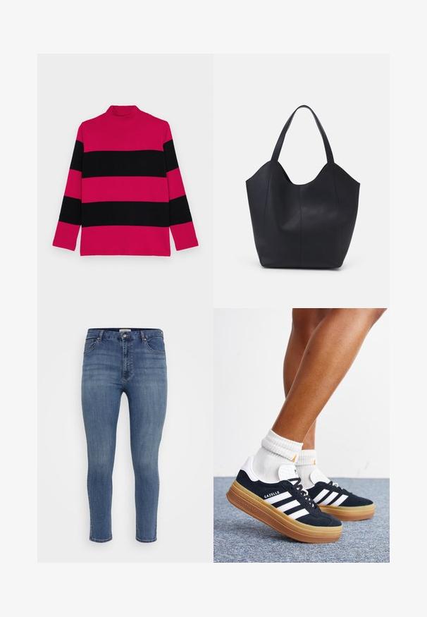 Lilla og sort stribet turtleneck sweater med lange ærmer, ribbet tekstur og tætsiddende krave.; Blå denim jeans med slim fit, fem lommer, knaplukning og en let falming i farven. Ankellængde med en pæn kant.; Ben iført hvide sokker og sorte Adidas Gazelle sneakers med hvide striber og tykke brune såler på et gråt tæppe.; Sort tote taske lavet af glat læder, med en buet, åben top, to skulderstropper og et minimalistisk design.
