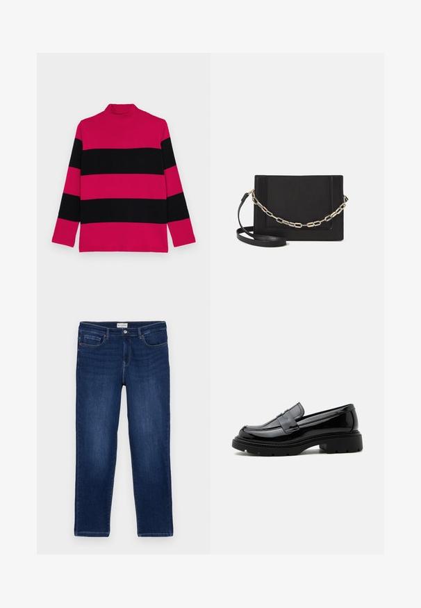 Lilla og sort stribet turtleneck sweater med lange ærmer, ribbet tekstur og tætsiddende krave.; Mørkeblå denim jeans med lige pasform, fem-lomme design, synlige sømme og en metalknaplukning i taljen.; Sort skinnende læderloafer med kraftig sål og pennyrem, vist i sideprofil på en ensfarvet hvid baggrund.; Sort læder crossbody taske med en glat tekstur, rektangulær form og en metallisk kæde detalje foran. Justerbar skulderrem inkluderet.