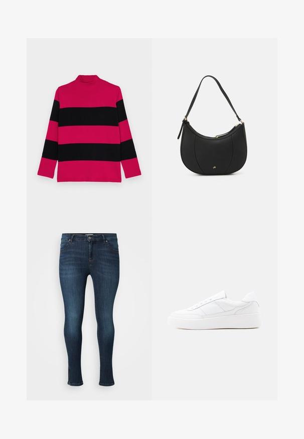 Lilla og sort stribet turtleneck sweater med lange ærmer, ribbet tekstur og tætsiddende krave.; Mørkeblå skinny jeans med frontknap, lynlås, fem lommer og let falmning på lår og knæ mod en hvid baggrund.; Hvid lavtop-sneaker med tyk sål, snørelukning og diskrete syningsdetaljer på en ensfarvet lys baggrund.; Sort læderhåndtaske med en buet form, struktureret overflade, forreste syninger og et logo i guldfarve. Har en enkelt justerbar rem.