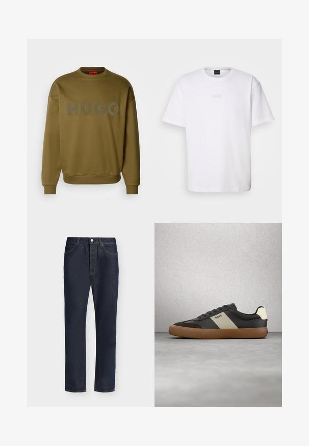 Olivengrøn sweatshirt med rund hals, ribbede manchetter og stort, mat logo med teksten "HUGO" på forsiden. Blød tekstur, afslappet pasform.; Hvid bomulds T-shirt med korte ærmer, rund halsudskæring og præget "BOSS" logo på brystet. Glat tekstur, standard pasform.; Mørkeblå denimjeans med lige ben, forreste lukning med knap og lynlås, bæltestropper samt for- og baglommer.; Sort og brun sneaker med beige stribe og "BOSS"-logo, svævende over gråt betongulv og baggrund med glassblokvæg.