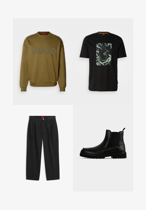 Olivgrüner Sweater mit Rundhalsausschnitt, gerippten Bündchen und großem, mattem Logo mit der Aufschrift "HUGO" auf der Vorderseite. Weicher Stoff, lässige Passform.; Schwarzes Baumwoll-T-Shirt mit einem zentralen Motiv eines Panthers, umgeben von Blättern, mit einem Kettenkragen und dem Text "BOSS". Kurze Ärmel.; Schwarze Hose mit hoher Taille, vorderen Falten, Gürtelschlaufen, Knopf- und Reißverschluss sowie einem roten Etikett innen am Bund.; Schwarzer Lederknöchelstiefel mit strukturierter Sohle, elastischen Seitenteilen und Zuglasche vor einem hellgrauen Hintergrund.