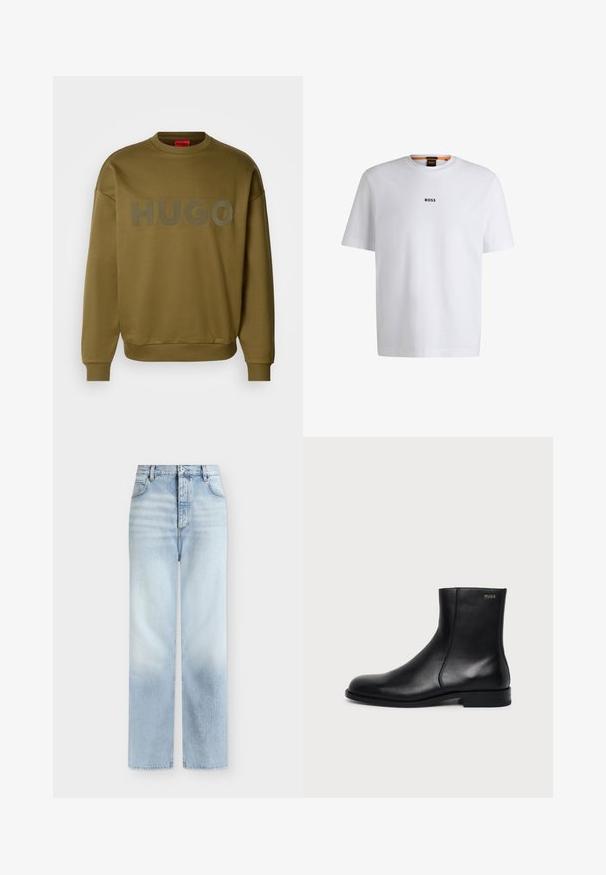 Olivengrøn sweatshirt med rund hals, ribbede manchetter og stort, mat logo med teksten "HUGO" på forsiden. Blød tekstur, afslappet pasform.; Hvid bomuld T-shirt med korte ærmer, med et sort "BOSS" logo centreret på brystet og en rund halsudskæring.; Lyseblå, højtaljede jeans med rette ben, forlommer, bæltestropper og knaplukning.; Sort læderankelstøvle med lav hæl, sidesyning og lille "HUGO" logo på den øverste manchet mod en ensfarvet baggrund.