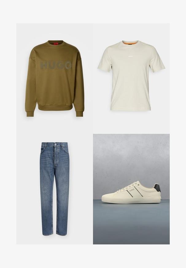 Olivgrüner Sweater mit Rundhalsausschnitt, gerippten Bündchen und großem, mattem Logo mit der Aufschrift "HUGO" auf der Vorderseite. Weicher Stoff, lässige Passform.; Beige Baumwoll-T-Shirt mit kurzen Ärmeln, runder Ausschnitt und weißem "BOSS"-Logo auf der Brust. Glatte Textur, lässige Passform.; Gerade geschnittene blaue Jeans aus Denim mit hoher Taille, Frontknopfverschluss und Fünf-Taschen-Design auf einem schlichten hellen Hintergrund.; Cremfarbene Sneaker mit glatter Oberfläche, die schwarze Akzente und Markenlogo aufweisen. Klassisches Schnürdesign mit runder Zehenform und Gummisohle.