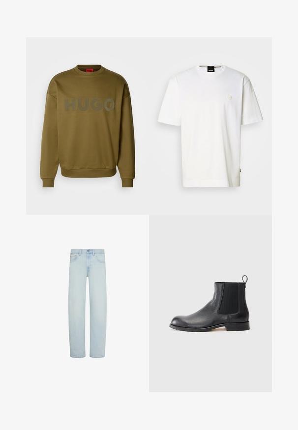 Olivengrøn sweatshirt med rund hals, ribbede manchetter og stort, mat logo med teksten "HUGO" på forsiden. Blød tekstur, afslappet pasform.; Hvid bomuld T-shirt med rund halsudskæring, korte ærmer og lille logo på brystet. Lige afskåret nederste kant.; Lyseblå denimjeans med lige ben, foran knap- og lynlåslukning, bæltestropper og forlommer.; Sort læder Chelsea-boot med struktureret overdel, elastiske sidepaneler og en løfteløkke. Har en flad gummisål og design med rund tå.