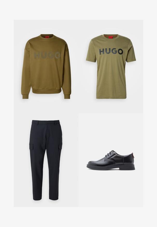 Olivengrøn sweatshirt med rund hals, ribbede manchetter og stort, mat logo med teksten "HUGO" på forsiden. Blød tekstur, afslappet pasform.; Oliven grøn bomulds t-shirt med rund hals og en fed sort "HUGO" logo på tværs af brystet, korte ærmer og en glat overflade.; Mørk navy cargo bukser med lige ben, to sidelommer og et fladt frontdesign. Fremstillet af et letvægtsstof.; Sorte snørestøvler i læder med glat tekstur, rundet tå og diskrete syningsdetaljer. Har en rød trækflig på hælen.