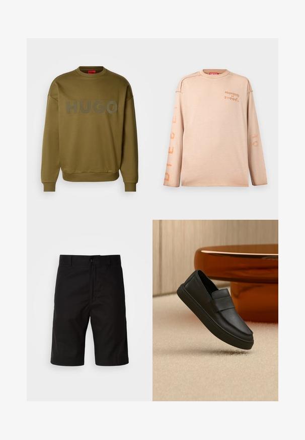 Olijfgroene sweatshirt met ronde hals, ribbelmanchetten en groot, mat logo dat "HUGO" over de voorkant leest. Zachte textuur, relaxte pasvorm.; Beige shirt met lange mouwen en ronde hals, met vervaagde oranje tekst "PROPERTY OF DIESEL" op de borst en mouwen, zichtbare naden op de schouders.; Zwarte shorts van stevige stof, met een rechte snit, knoopsluiting en een gladde textuur zonder zichtbare patronen.; Zwarte leren instaploafer met een band over het bovenwerk, geplaatst op een beige tapijt en naast een bruine ronde tafel.