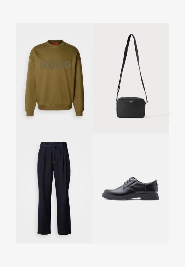 Olivengrøn sweatshirt med rund hals, ribbede manchetter og stort, mat logo med teksten "HUGO" på forsiden. Blød tekstur, afslappet pasform.; Mørkeblå vidde denim jeans med frontfældninger og orange syninger, vist på hvid baggrund.; Sorte snørestøvler i læder med glat tekstur, rundet tå og diskrete syningsdetaljer. Har en rød trækflig på hælen.; Sort rektangulær crossbody taske med justerbar rem og BOSS-logo foran, sat mod en ensfarvet lys baggrund.