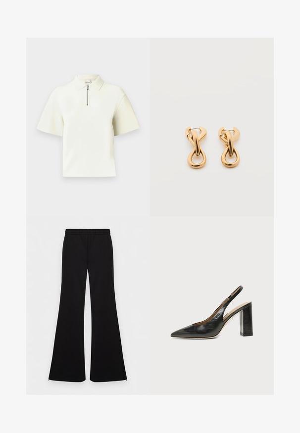 Polo à manches courtes blanc, doté d'un col zippé, tissu lisse, coupe moderne et coupe décontractée. Design simple et épuré.; Pantalon noir évasé avec taille élastique et fermetures éclair aux chevilles, devant plat, tissu lisse, présenté sur un fond blanc uni.; Chaussure slingback en cuir noir à bout pointu avec un talon bloc haut et une doublure intérieure beige sur un fond clair uni.; Paire de boucles d'oreilles créoles en bouclettes dorées brillantes sur fond blanc uni, présentant un design torsadé entrelacé.