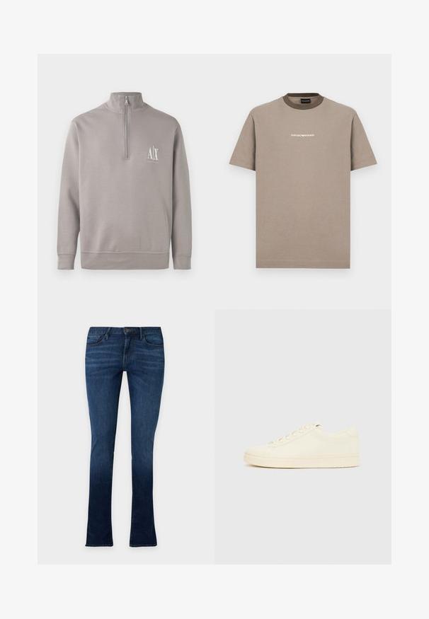Pull-over gris clair à zip quart, fabriqué en matériau doux, avec un petit logo blanc sur la poitrine et des poignets et une taille élastiqués.; T-shirt en coton marron avec manches courtes et col rond. Présente un col marron foncé contrastant et un logo "EMPORIO ARMANI" blanc.; Jean slim bleu foncé avec légère décoloration, cinq poches, fermeture par bouton et passants de ceinture, présenté sur un fond clair uni.; Baskets couleur crème avec une tige en cuir lisse, bout arrondi, laçage à l'avant et semelle en caoutchouc texturée. Design minimaliste, sans logo.