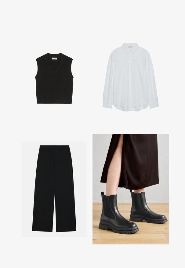 T-shirt sans manches noir en maille avec une texture côtelée, un décolleté en V et une petite étiquette de marque à l'avant.; Chemise blanche à manches longues avec boutons, en tissu lisse, dotée d'un col classique, de deux poches avant et de poignets froncés.; Pantalons noirs à jambe large en tissu lisse. Dotés d'une taille plate avec passants de ceinture et sans poches visibles. Design simple.; Bottines en cuir noir avec panneaux latéraux élastiques, semelles en caoutchouc épaisses et languettes de tirage au talon ; portées avec une robe midi marron foncé.