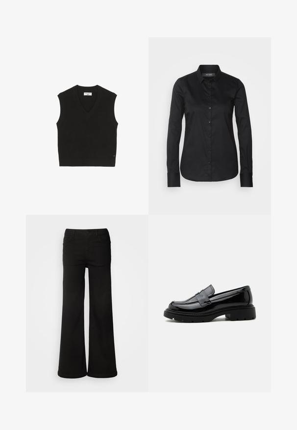 T-shirt sans manches noir en maille avec une texture côtelée, un décolleté en V et une petite étiquette de marque à l'avant.; Mos Mosh TILDA SHIRT - Chemisier - black; Pantalons larges noirs en denim, avec des poches avant, une fermeture à bouton et une texture lisse avec une finition soignée.; Mocassin en cuir noir brillant avec semelle épaisse à crampons et bride penny, présenté en profil latéral sur fond blanc uni.