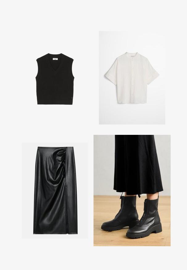 Top sin mangas de punto negro con textura acanalada, diseño de escote en V y una pequeña etiqueta de marca en la parte frontal.; Blusa blanca de manga corta con pliegues verticales, cuello de pie y cierre de botones en la parte delantera, sobre un fondo gris claro liso.; Falda de cuero negro con una textura suave, con una sección fruncida en un lado y una abertura lateral para añadir detalle.; Botas de tobillo de cuero negro con suela de plataforma gruesa y cremallera delantera. Textura suave con un diseño minimalista.