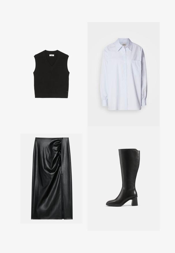 T-shirt sans manches noir en maille avec une texture côtelée, un décolleté en V et une petite étiquette de marque à l'avant.; Chemise boutonnée bleu clair en coton. Dotée d'un col pointu, de manches longues et d'une poche poitrine unique. Texture lisse.; Jupe en cuir noir avec une texture lisse, présentant une section froncée sur un côté et une fente sur le côté pour un détail supplémentaire.; Botte en cuir noire montant jusqu’au genou avec un talon bloc et un bout arrondi, vue de profil sur un fond uni.