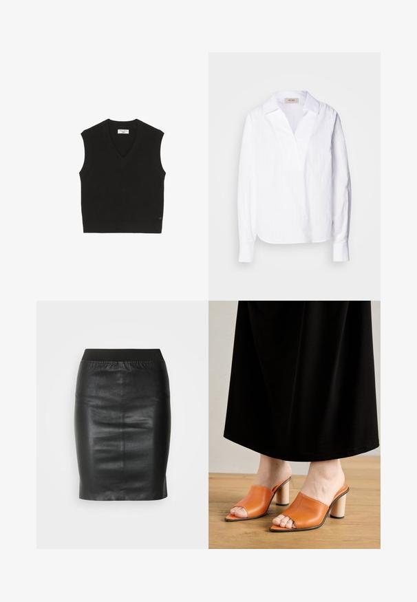 Top sin mangas de punto negro con textura acanalada, diseño de escote en V y una pequeña etiqueta de marca en la parte frontal.; Camisa blanca de manga larga hecha de una tela ligera texturizada, con escote en V, cuello oversized y sutiles rayas verticales.; Falda lápiz negra hecha de cuero suave, con una cinturilla elástica para una silueta ajustada y un diseño minimalista.; Mules de punta abierta en vibrante cuero naranja con una textura suave, que cuentan con un tacón ancho y un diseño minimalista.