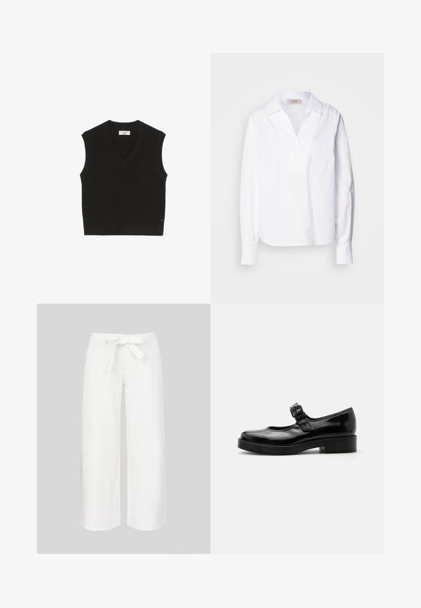 T-shirt sans manches noir en maille avec une texture côtelée, un décolleté en V et une petite étiquette de marque à l'avant.; Chemise blanche à manches longues en tissu texturé léger, dotée d'un décolleté en V, d'un col surdimensionné et de fines rayures verticales.; Pantalon blanc à jambes larges avec une taille haute et une ceinture en tissu nouée en un nœud, présenté sur un fond gris uni.; Chaussure Mary Jane en cuir verni noir avec bout rond, petit talon bloc et bride réglable avec boucle sur le coup de pied.