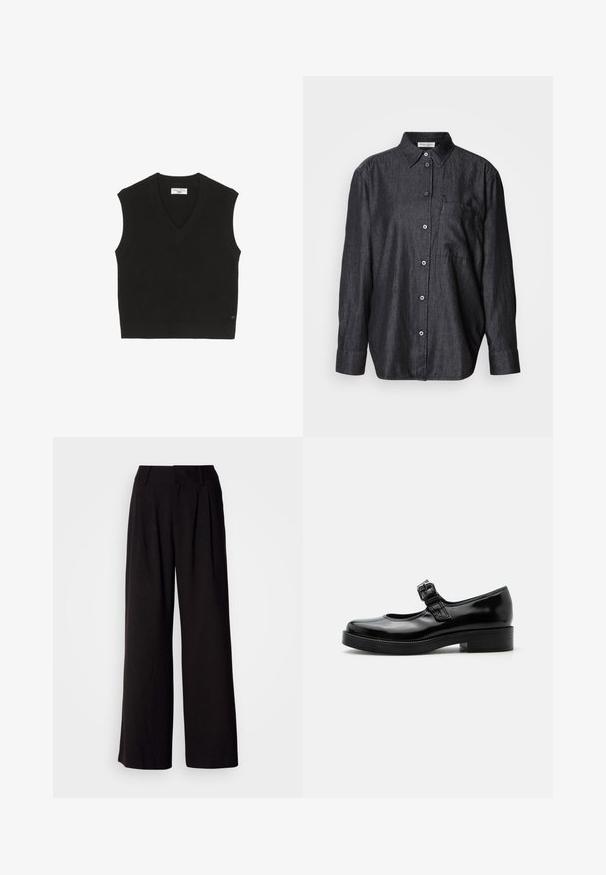 Top sin mangas de punto negro con textura acanalada, diseño de escote en V y una pequeña etiqueta de marca en la parte frontal.; Camisa de manga larga de color gris oscuro, hecha de una tela ligera, con cierre frontal de botones, cuello y un bolsillo en el pecho.; Pantalones de pierna ancha negros, confeccionados en una tela suave, con pliegues en la parte frontal, una cinturilla ajustada y sin patrones o acentos visibles.; Zapato Mary Jane de charol negro con punta redondeada, tacón bajo de bloque y una correa ajustable con hebilla sobre el empeine.