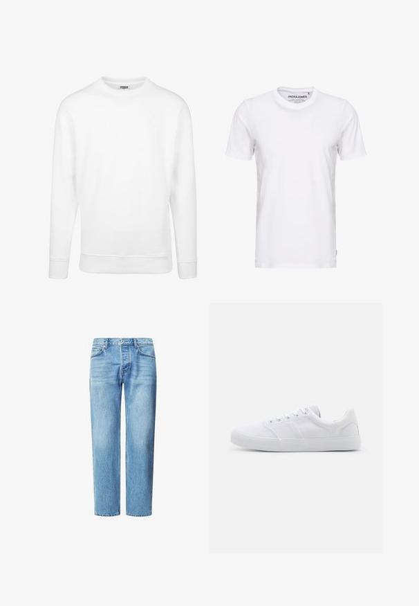 Witte sweatshirt van zachte stof. Beschikt over lange mouwen, een ronde halslijn, geribbelde manchetten en zoom. Eenvoudig en minimalistisch ontwerp.; Witte korte mouwen t-shirt van katoen, met een ronde hals en een eenvoudig ontwerp. Merktag zichtbaar op het nekgebied. Geen patronen of accenten.; Lichtblauwe denim jeans met een rechte pijp, vijf zakken en een klassieke knoop- en ritssluiting. Fijne vervagingstekstuur over het geheel.; Witte canvas sneakers met een rubberen zool, voorzien van zes oogjes, een gestructureerde neuskap en een minimalistisch ontwerp.