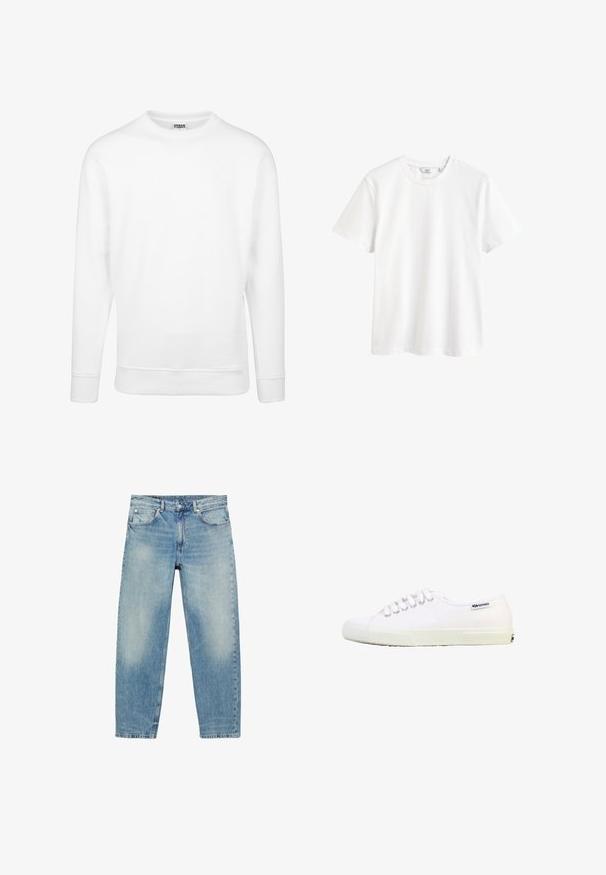 Witte sweatshirt van zachte stof. Beschikt over lange mouwen, een ronde halslijn, geribbelde manchetten en zoom. Eenvoudig en minimalistisch ontwerp.; Effen witte T-shirt met korte mouwen en een ronde hals, met een klein merkje in de kraag.; Jeans met rechte pijpen van blauwe denim, met voorzakken en riemlussen, met lichte vervaagde details op dijen en knieën.; Witte laag uitgesneden canvas sneaker met witte veters, rubberen zool en klein zwart "Superga" logo bij de hiel op een witte achtergrond.