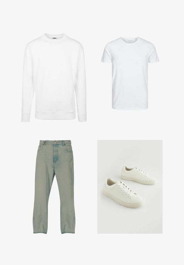 Hvid sweatshirt lavet af blødt stof. Har lange ærmer, rund halsudskæring, ribbede manchetter og kant. Enkel og minimalistisk design.; Rundhals kortærmet t-shirt i ensfarvet hvid, lavet af blød bomuld, har et simpelt design uden synlige mønstre eller detaljer.; Lyseblå jeans med lige ben, forrest knapper, bæltestropper og forlommer, vist mod en hvid baggrund.; Hvide sneakers lavet af struktureret syntetisk materiale, med rund tå, snørelukning og en let forhøjet gummisål.