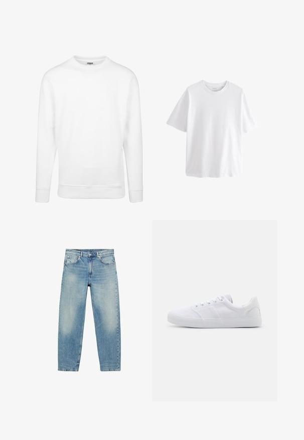 Weißer Sweatshirt aus weichem Stoff. Mit langen Ärmeln, Rundhalsausschnitt, gerippten Bündchen und Saum. Einfaches und minimalistisches Design.; Schlichtes weißes T-Shirt mit kurzen Ärmeln und Rundhalsausschnitt in entspannter Passform vor weißem Hintergrund.; Blue Jeans mit geradem Bein, vorderen Taschen und Gürtelschlaufen, die leichte Verblassungen an Oberschenkeln und Knien zeigen.; Weiße Leinenschuhe mit Gummisohle, ausgestattet mit sechs Ösen, einer strukturierten Zehenkappe und minimalistischer Gestaltung.