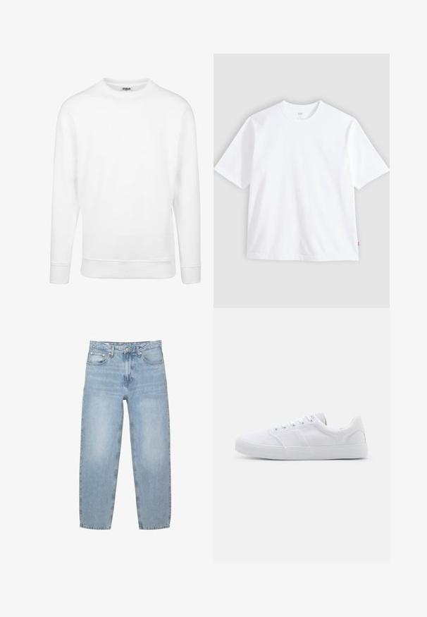 Witte sweatshirt van zachte stof. Beschikt over lange mouwen, een ronde halslijn, geribbelde manchetten en zoom. Eenvoudig en minimalistisch ontwerp.; Wit T-shirt met korte mouwen van katoen, met een ronde hals en een rechte snit. Label zichtbaar op de onderste zijzoom.; Lichtblauwe denim jeans, losse pasvorm, hoge taille, ontwerp met vijf zakken, knoop- en ritssluiting, rechte pijpen met een licht uitgerafelde zoom.; Witte canvas sneakers met een rubberen zool, voorzien van zes oogjes, een gestructureerde neuskap en een minimalistisch ontwerp.