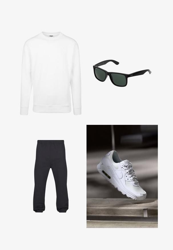 Sweatshirt blanc en tissu doux. Doté de manches longues, d'un col rond, de poignets et d'un ourlet côtelés. Design simple et minimaliste.; Pantalon de jogging noir avec taille élastique et poignets élastiques, fabriqué dans un tissu doux et lisse, présenté à plat de face.; Sneaker Nike Air Max 90 blanche avec une tige en mesh et cuir, une boîte à orteils perforée et une unité air visible au talon.; Lunettes de soleil en plastique noir avec des verres verts, présentant une monture carrée, une finition lisse et le logo Ray-Ban bien visible sur les branches.