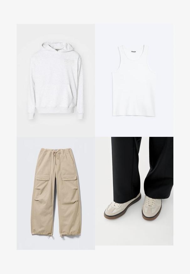 Grå bomulds-hættetrøje med en kengurulomme, snoretræk i hætten og et diskret broderet stjernedesign på brystet. Glat tekstur.; Hvid ærmeløs tanktop med rund halsudskæring og Weekday-mærke på den indvendige baghals, vist fladt på lys baggrund.; Beige cargobukser med vide ben, snoretræk i talje og ved benslutterne, klaplommer på lårene og sidelommer med slidser.; Fødder iført beige sneakers med brune såler og sorte bukser med vide ben på hvid baggrund.