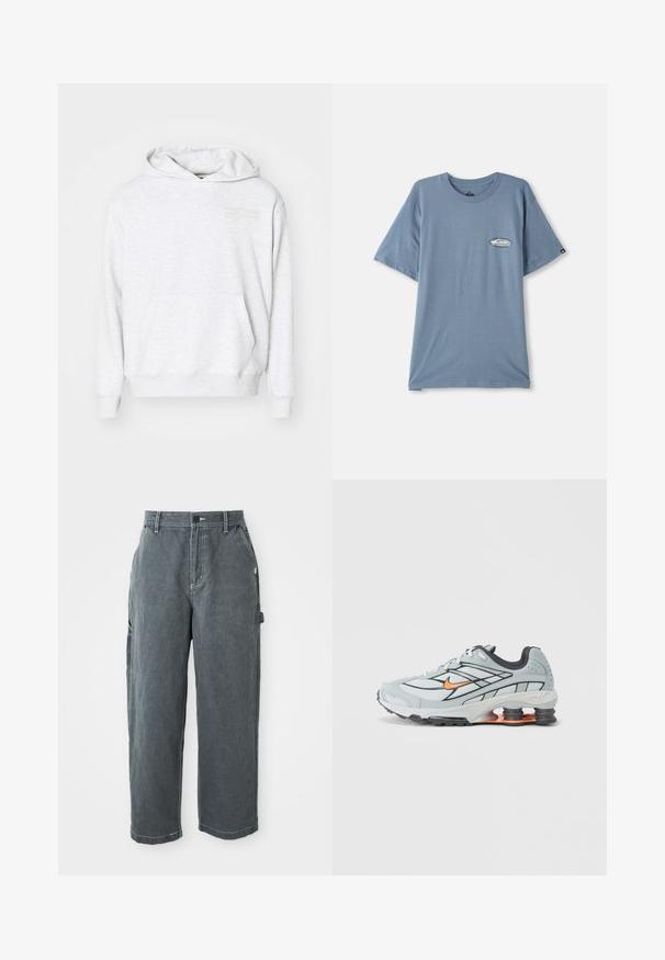 Grå bomulds-hættetrøje med en kengurulomme, snoretræk i hætten og et diskret broderet stjernedesign på brystet. Glat tekstur.; Blå bomulds t-shirt med korte ærmer, rund hals og et lille logo print på venstre brystområde. Blød tekstur, afslappet pasform.; Mørkegrå lige ben arbejdsbukser med bæltestropper, frontknap og lynlås, sidelommer og en hammerløkke på højre ben.; Lyst grå løbesko med sorte detaljer, orange logo, mesh-overdel, polstret krave og gummisål med synlige stødabsorberende enheder.
