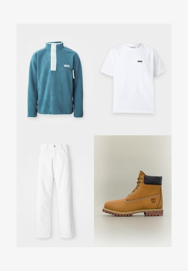 Teal fleece pullover med høj krave, front med fire knapper og en lynlåslomme på brystet. Har hvid kant langs kraven og ærmerne.; Hvid T-shirt med korte ærmer og rund halsudskæring samt en lille brystlomme med et sort Columbia-logo påsat.; Hvide denimbukser med lige ben-design, der har en frontknap og lynlås lukning, fem lommer og en ren, tekstureret overflade.; Brun læderankelstøvle med sort krave, gule snørebånd og tanfarvet sål. Har logo og hvide syninger som detalje. Robust ydersål med greb.