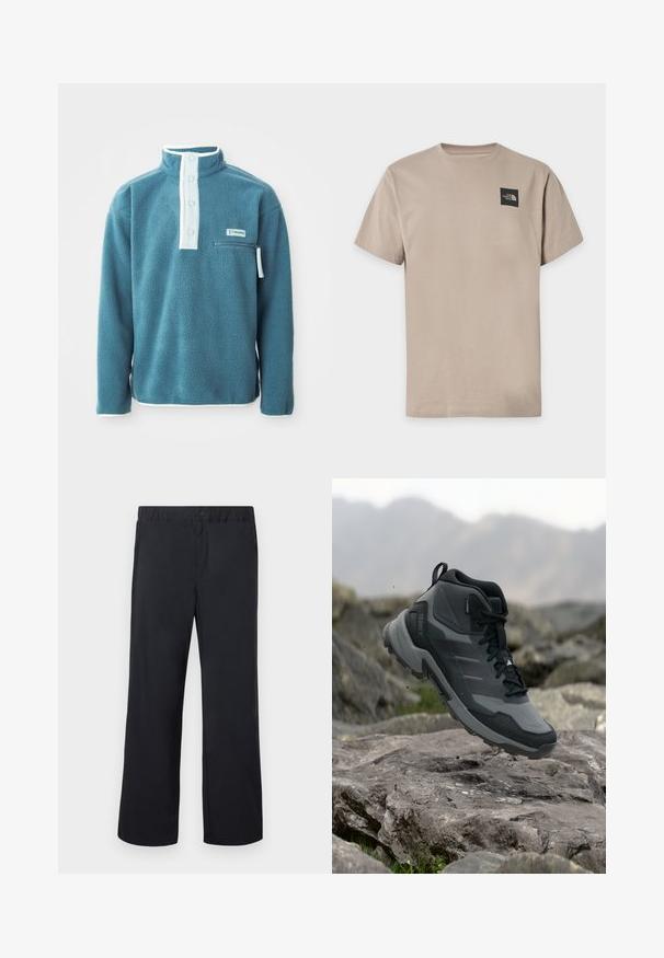 Tamaris-farbenes Fleece-Pullover mit hohem Kragen, vierknöpfem Vorderseite und einer Reißverschlusstasche auf der Brust. Mit weißen Akzenten entlang des Kragens und der Ärmel.; Beige kurzärmeliges T-Shirt mit Rundhalsausschnitt und kleinem schwarzen The North Face-Logo auf der oberen linken Brust.; Schwarze Hose mit geradem Bein, elastischem Bund und einem Knopf über dem Reißverschluss, flach auf weißem Hintergrund ausgelegt.; Wanderschuh mit mittlerem Schaft in Grautönen, mit strukturiertem Obermaterial, verstärkter Zehenkappe und Gummisohle mit tieferem Profil für besseren Halt.