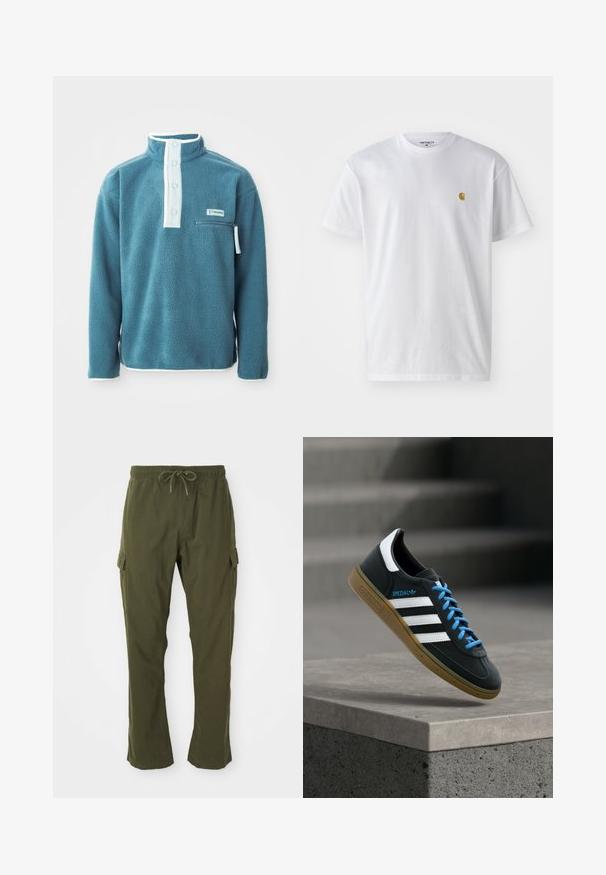Teal fleece pullover med høj krave, front med fire knapper og en lynlåslomme på brystet. Har hvid kant langs kraven og ærmerne.; Hvid bomulds t-shirt med korte ærmer, rund hals og et lille guld logo på venstre brystområde. Blød tekstur og almindelig pasform.; Olivenfarvede cargo bukser med elastisk talje, snor og sidelommer. Stoffet virker blødt med en glat overflade.; Sort Adidas sneaker med hvide striber, blå snørebånd og gummisål, der svæver over gråt betontrin i blødt lys.