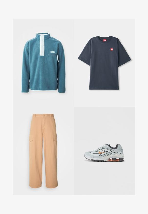 Tyrkysový fleece pulóver s vysokým golierom, predným zapínaním na štyri gombíky a zipsom na prsnom vrecku. Má biele lemovanie pozdĺž goliera a rukávov.; Tmavomodré krátke tričko s krátkym rukávom vyrobené z bavlny, s červeným nášivkou na ľavej hrudi a klasickým okrúhlym výstrihom.; Béžové široké cargo nohavice vyrobené z ľahkého materiálu, s dvoma bočnými vreckami a zapínaním na gombík v oblasti pásu. Mäkčená textúra.; Svetlosivé bežecké topánky s čiernymi detailmi, oranžovým logom, sieťovaným vrchom, polstrovaným golierom a gumovou podrážkou s viditeľnými tlmiacimi jednotkami.