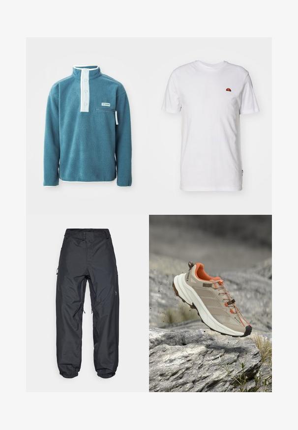 Tyrkysový fleece pulóver s vysokým golierom, predným zapínaním na štyri gombíky a zipsom na prsnom vrecku. Má biele lemovanie pozdĺž goliera a rukávov.; Jednoduché biele tričko s krátkym rukávom s malým červeno-oranžovým polkruhovým logom v hornej ľavej časti hrudníka.; Čierne nepremokavé nohavice so voľným strihom, ktoré majú dva gombíky na páse, nastaviteľné manžety na členkoch a bočné vrecká na zips.; Béžovo-oranžová turistická obuv s hrubou podrážkou, štítok GORE-TEX a označenie "TERREX", zobrazená nad skalnatým terénom.