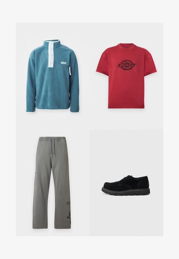 Tamaris-farbenes Fleece-Pullover mit hohem Kragen, vierknöpfem Vorderseite und einer Reißverschlusstasche auf der Brust. Mit weißen Akzenten entlang des Kragens und der Ärmel.; Rotes T-Shirt mit kurzen Ärmeln und Rundhalsausschnitt, mit schwarzem "Dickies"-Logo in der Mitte vorne bedruckt.; Graue Jogginghose mit entspanntem Schnitt, ausgestattet mit einem elastischen Bund, Kordelzug und bedruckten Akzenten am unteren Bein. Weiches Baumwollmaterial.; Schwarze Wildleder Schnürschuhe mit runder Zehenform, kontrastierenden Nähten und einer dicken Gummisohle, ausgestattet mit einem Markenlabel an der Ferse.