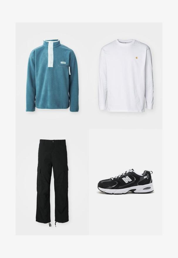 Tyrkysový fleece pulóver s vysokým golierom, predným zapínaním na štyri gombíky a zipsom na prsnom vrecku. Má biele lemovanie pozdĺž goliera a rukávov.; Biely tričko s dlhým rukávom z bavlny. Na hrudi má malé zlaté logo a okrúhly výstrih. Jednoduchý dizajn a štandardný strih.; Čierne cargo nohavice vyrobené z odolnej tkaniny, s dvoma bočnými vreckami, zapínaním na gombík a nastaviteľnými spodnými časťami pre voľný a uvoľnený strih.; Čierne a šedé športové topánky s hornou časťou z mikrovlákna a zamatu, s bielou medzipodrážkou, šnúrkami a výrazným logom "N" na boku.