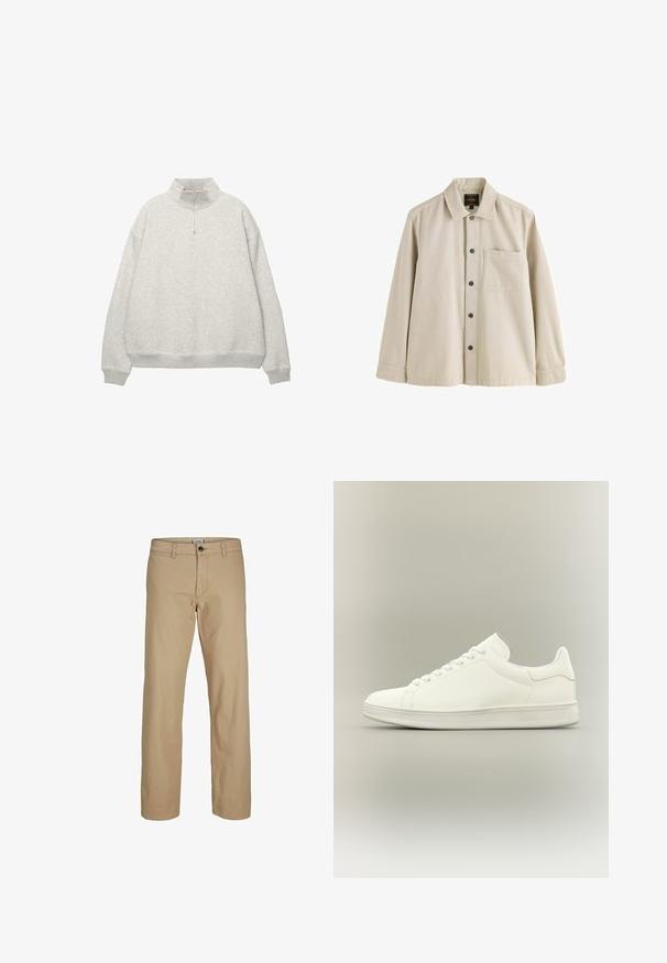 Sweatshirt gris clair avec un col montant et une fermeture zippée à mi-hauteur. Présente des épaules tombantes et des poignets et un ourlet côtelés. Texture douce.; Chemise beige à manches longues boutonnée, avec un col et une poche poitrine, conçue dans un tissu robuste.; Pantalon beige à jambes droites avec fermeture à boutons, passants pour ceinture et poches avant, présenté sur un fond blanc.; Baskets basses blanches minimalistes avec lacets, tige en cuir lisse et semelle en caoutchouc texturée, présentées sur un fond neutre.