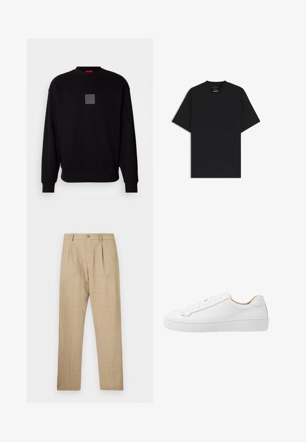 Zwarte sweatshirt met lange mouwen, ronde halslijn, een grijzige vierkante logo op de voorkant, zachte textuur en geribde manchetten en zoom.; Zwarte T-shirt met korte mouwen, ronde hals en een klein "BOSS" label aan de binnenkant van de kraag achter.; Beige op maat gemaakte broek met knoop- en ritssluiting, riemlussen en plooien aan de voorkant, plat uitgestald op een witte achtergrond.; Witte leren sneaker met een gladde afwerking, ronde neus, platte vetersluiting en een dikke rubberen zool met een gestructureerd grippatroon.