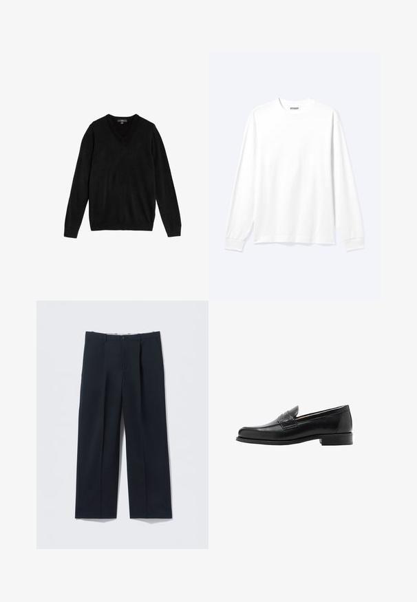 Suéter negro con cuello en V hecho de tejido suave y de punto. Mangas largas, puños y bajo acanalados, diseño sencillo sin patrones ni detalles.; Camisa blanca lisa de manga larga con cuello redondo y puños acanalados, mostrada sobre un fondo claro y neutro.; Pantalones azul marino oscuros hechos de tela suave, con un ajuste entallado, dos bolsillos delanteros y cierre de botón.; Mocasines de cuero negro con un diseño elegante, textura suave, costuras prominentes y un tacón bajo de bloque. Sin herrajes ni adornos visibles.