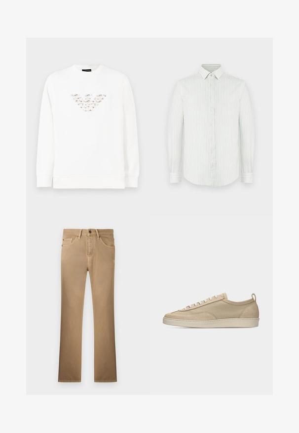 Sudadera blanca con un diseño de logo texturizado y multicolor en el centro. Mangas largas y cuello redondo con ribete. Material suave.; Camisa de manga larga en verde claro con rayas verticales blancas, cierre frontal con botones, cuello estándar, tela de algodón texturizado y puños con botones.; Pantalones beige de corte recto con botón frontal, cremallera, trabillas para el cinturón y estilo de cinco bolsillos sobre un fondo claro.; Zapatilla baja beige con parte superior de tela y ante, cordones blancos, suela de goma y lengüeta en el talón, mostrada de perfil sobre fondo blanco.