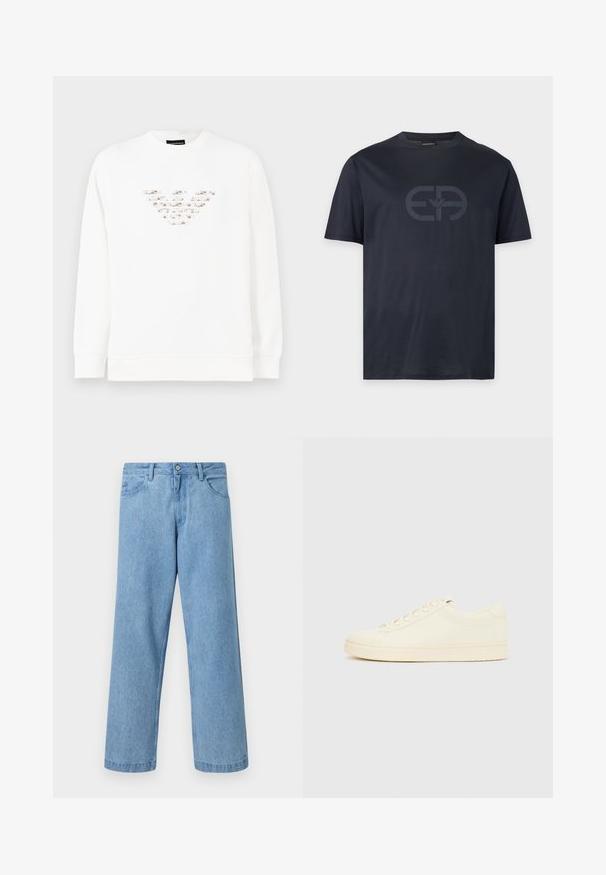 Sudadera blanca con un diseño de logo texturizado y multicolor en el centro. Mangas largas y cuello redondo con ribete. Material suave.; Camiseta de manga corta en azul oscuro con cuello redondo y un sutil logo grande impreso en el centro delantero.; Vaqueros de mezclilla azul claro de pierna recta con bolsillos delanteros, trabillas para el cinturón y cierre de botón sobre un fondo liso.; Zapatilla de color crema con parte superior de cuero liso, puntera redondeada, cierre de cordones y suela de goma texturizada. Diseño minimalista, sin logotipos.