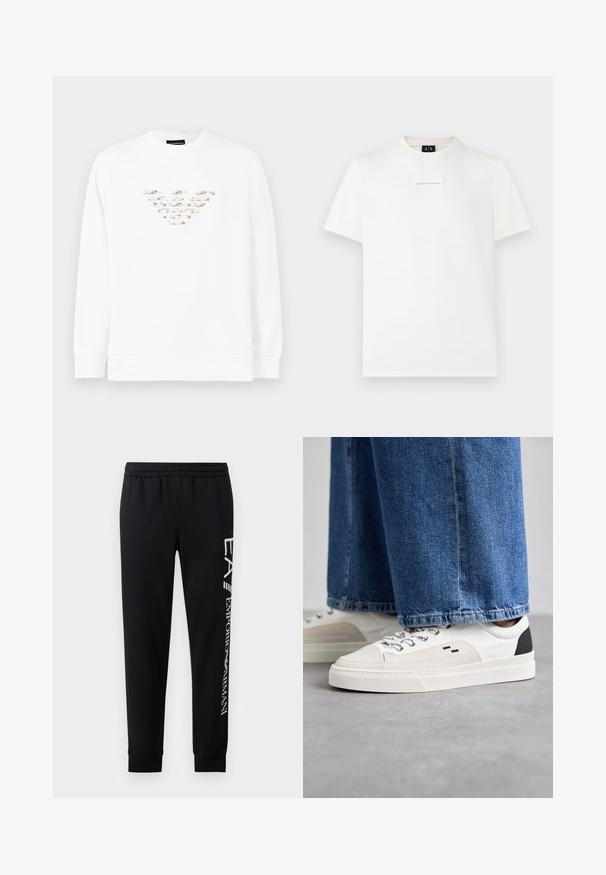 Valge sviiter, millel on keskel tekstuurne, mitmevärviline logo kujundus. Pikkade varrukatega ja ribaga ümber kaela. Pehme materjal.; Valge lühikeste varrukatega Armani Exchange t-särk, mille rinnal on väike ristkülikukujuline logo ja must kaeluslabel.; Mustadest puuvillasegustest dressipükstest, millel on elastne vöökoht, kitsenevad säärte ning ribatsoonidega mansetid ja valge logo trükk külgmisel osal.; Valged ja mustad spordijalatsid sileda nahkpealise, tekstuursete aktsentidega ja paksu valge tallaga. Omab klassikalist nööbistamise disaini.
