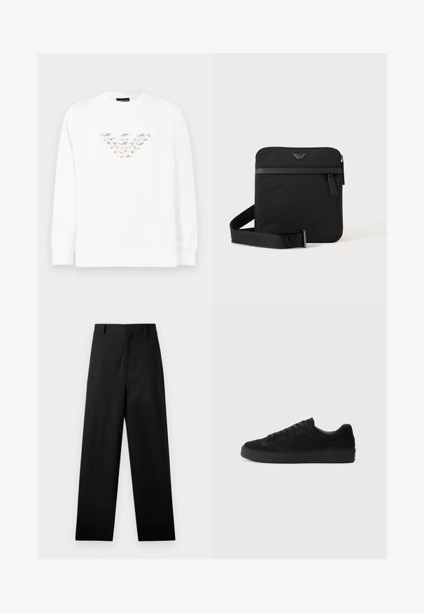 Hvid sweatshirt med et struktureret, flerfarvet logo designet i midten. Lange ærmer og en ribbet rund halsudskæring. Blødt materiale.; Sorte bukser lavet af bomuld med lige ben-design, der har en frontknaplukning og sidelommer. Glat tekstur, ingen mønstre.; Sort semsket sneakers med en flad, tekstureret sål, rund tå, seks snørrehuller og et minimalistisk design.; Sort firkantet skuldertaske med lynlås, frontlomme og justerbar rem med præget brandnavn.
