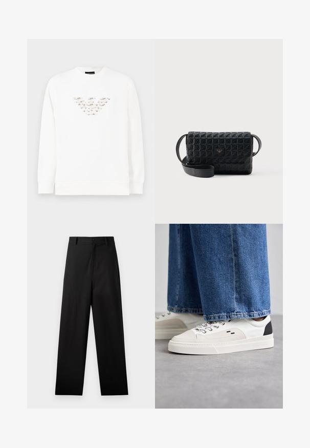 Hvid sweatshirt med et struktureret, flerfarvet logo designet i midten. Lange ærmer og en ribbet rund halsudskæring. Blødt materiale.; Sorte bukser lavet af bomuld med lige ben-design, der har en frontknaplukning og sidelommer. Glat tekstur, ingen mønstre.; Hvide og sorte sneakers med en glat læderoverdel, teksturerede detaljer og en kraftig hvid sål. Har et klassisk snørebåndsdesign.; Sort tekstureret crossbodytaske med klaplukning og et lille metallogo foran, vist mod en ensfarvet baggrund.