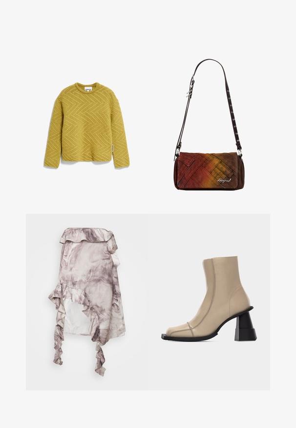 Suéter de punto amarillo con un patrón de espiga texturizado, cuello redondo y mangas largas. Etiqueta visible en la costura lateral.; ROKH MIDI SKIRT RUFFLES - Falda acampanada - purple; Bota beige de cuero hasta el tobillo con punta cuadrada, costuras visibles y tacón grueso negro esculpido en bloque sobre fondo blanco.; Bolso bandolera rectangular con correa ajustable de color marrón oscuro, con tejido texturizado de colores degradados en tonos rojo, naranja y marrón, con un pequeño logo.